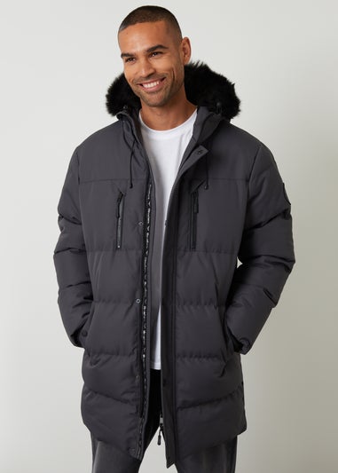 Threadbare Dark Grey Showerproof Longline Quilted Parka Jacket