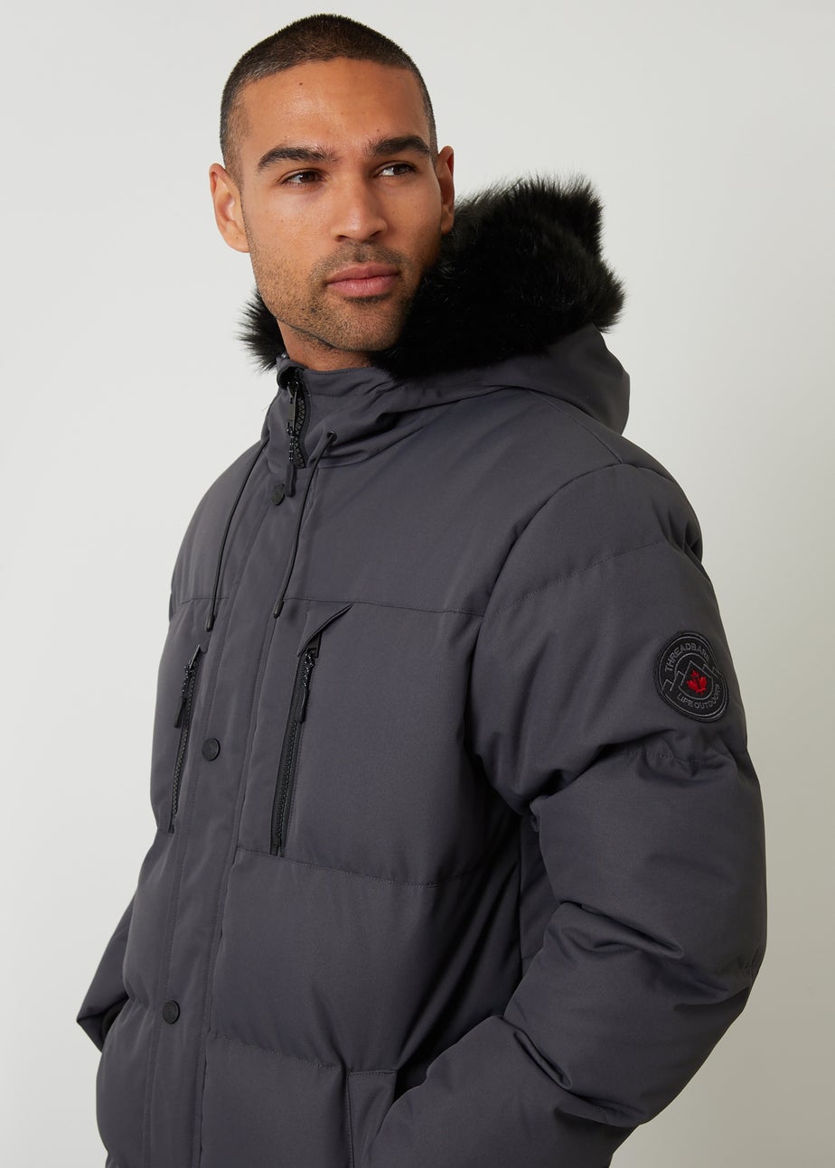 Threadbare Dark Grey Showerproof Longline Quilted Parka Jacket