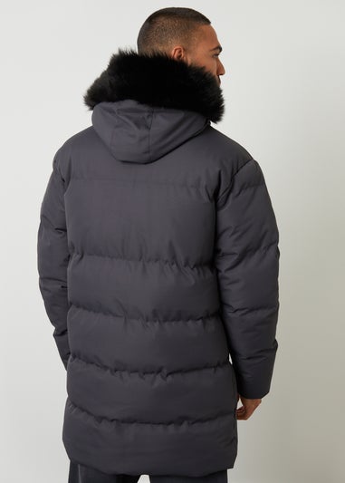 Threadbare Dark Grey Showerproof Longline Quilted Parka Jacket