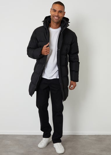 Threadbare Black Showerproof Longline Hooded Puffer Jacket