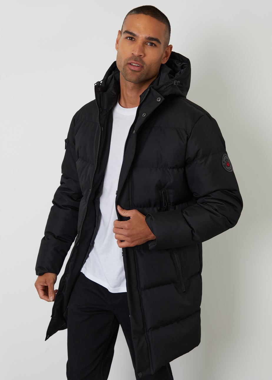 Threadbare Black Showerproof Longline Hooded Puffer Jacket