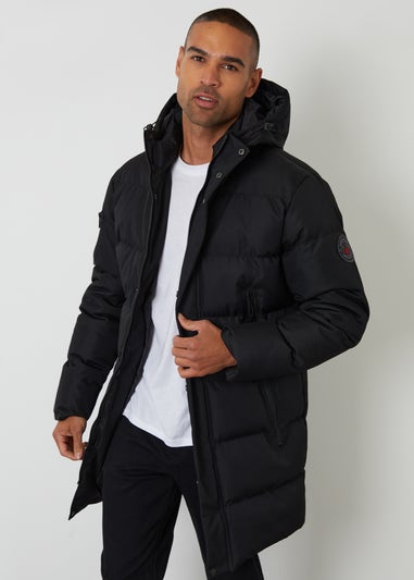 Threadbare Black Showerproof Longline Hooded Puffer Jacket