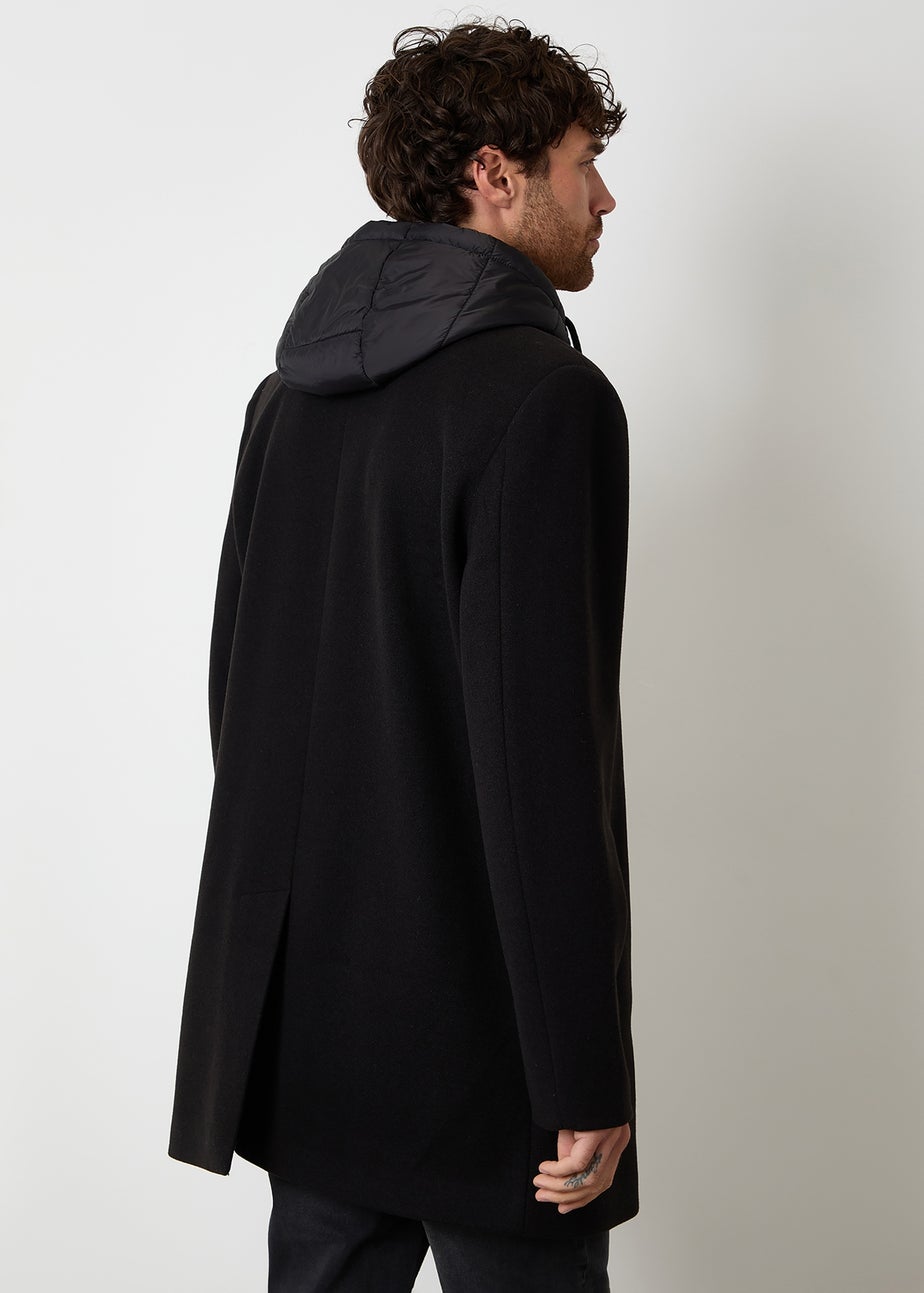 Threadbare Black Faux Wool Mock Inner Hooded Longline Coat