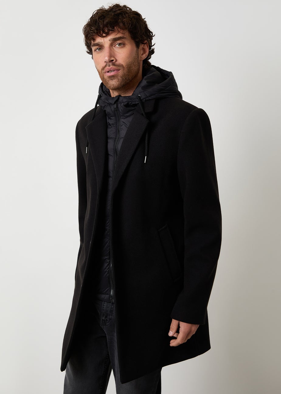 Threadbare Black Faux Wool Mock Inner Hooded Longline Coat