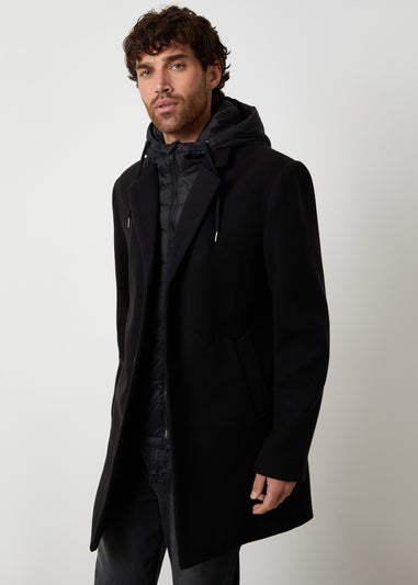 Threadbare Black Faux Wool Mock Inner Hooded Longline Coat