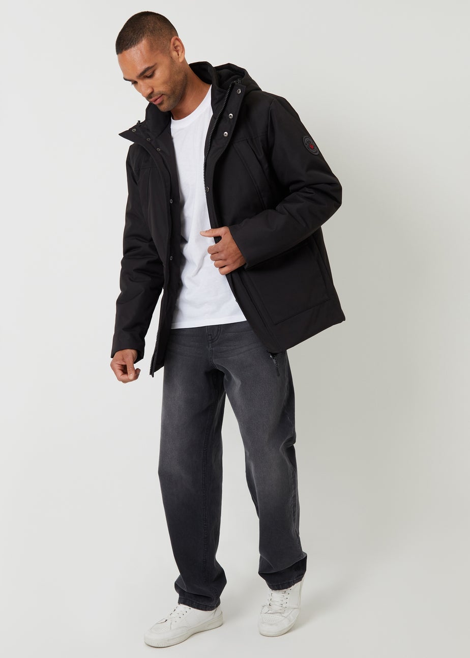 Threadbare Black Showerproof Longline Hooded Padded Jacket