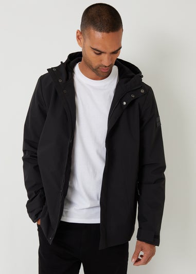 Threadbare Black Showerproof Hooded Microfleece Lined Jacket