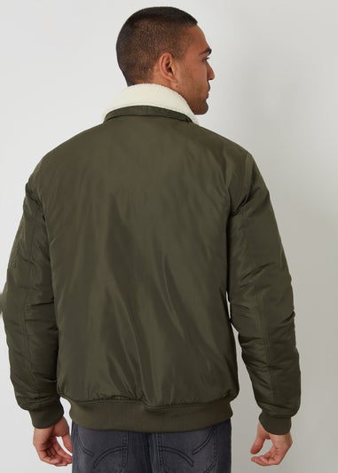 Threadbare Khaki Borg Collar Bomber Jacket