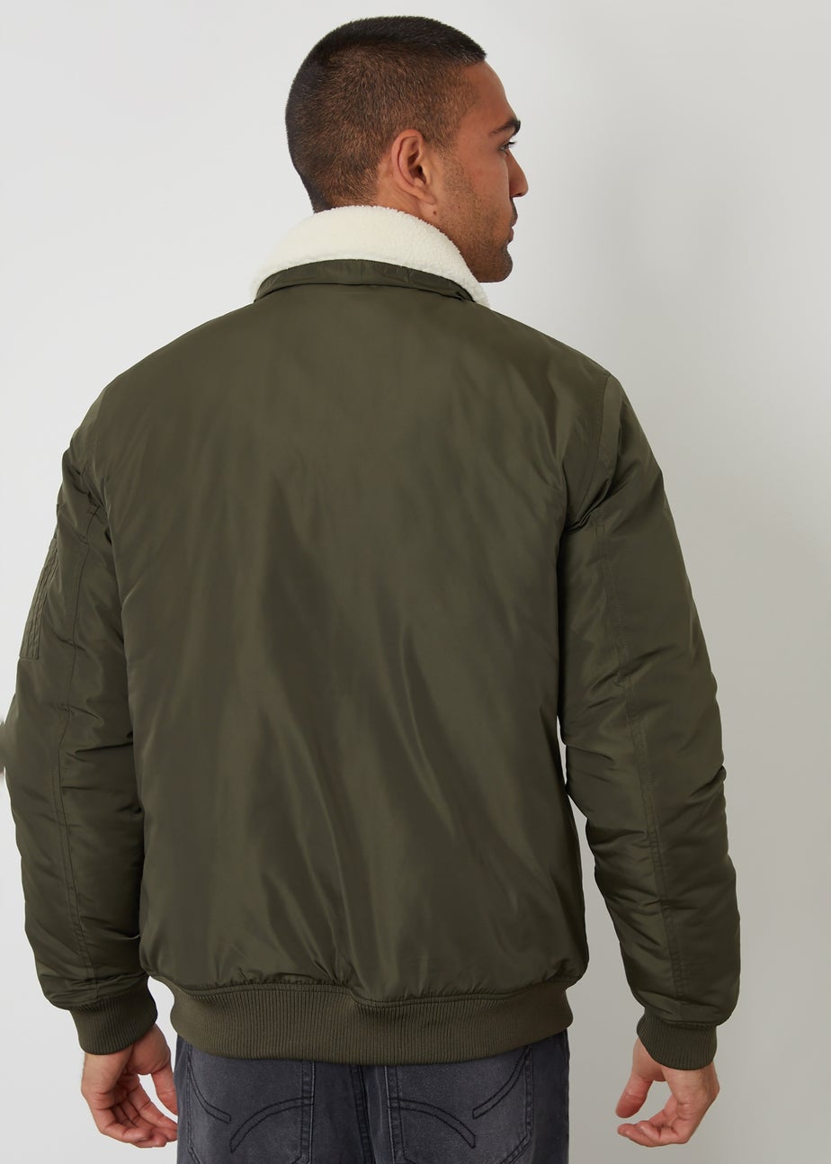 Threadbare Khaki Borg Collar Bomber Jacket