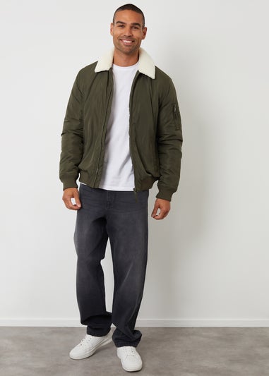 Threadbare Khaki Borg Collar Bomber Jacket