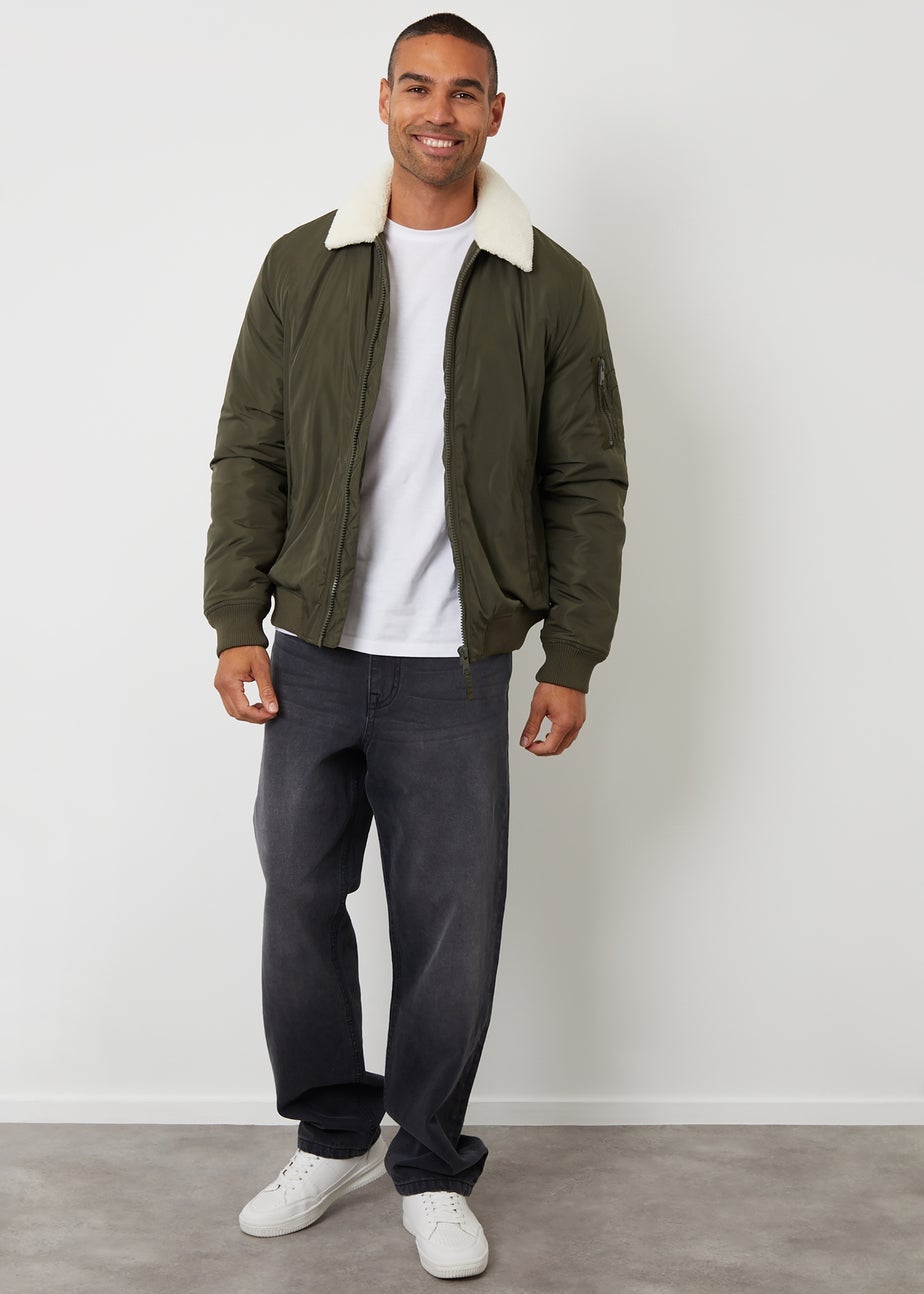 Threadbare Khaki Borg Collar Bomber Jacket