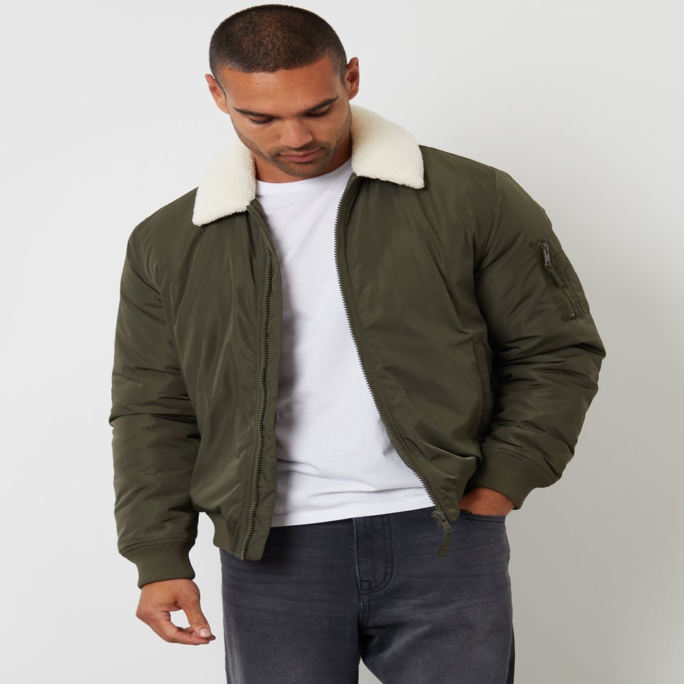 Threadbare Khaki Borg Collar Bomber Jacket