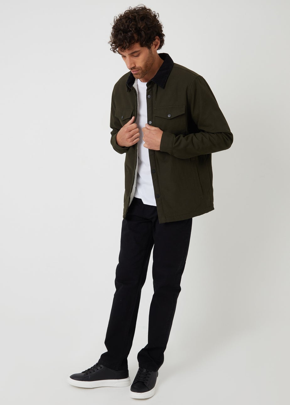 Threadbare Dark Green Borg Lined Canvas Shacket