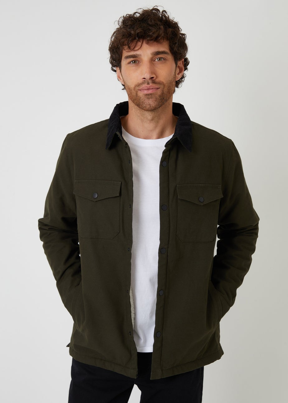 Threadbare Dark Green Borg Lined Canvas Shacket