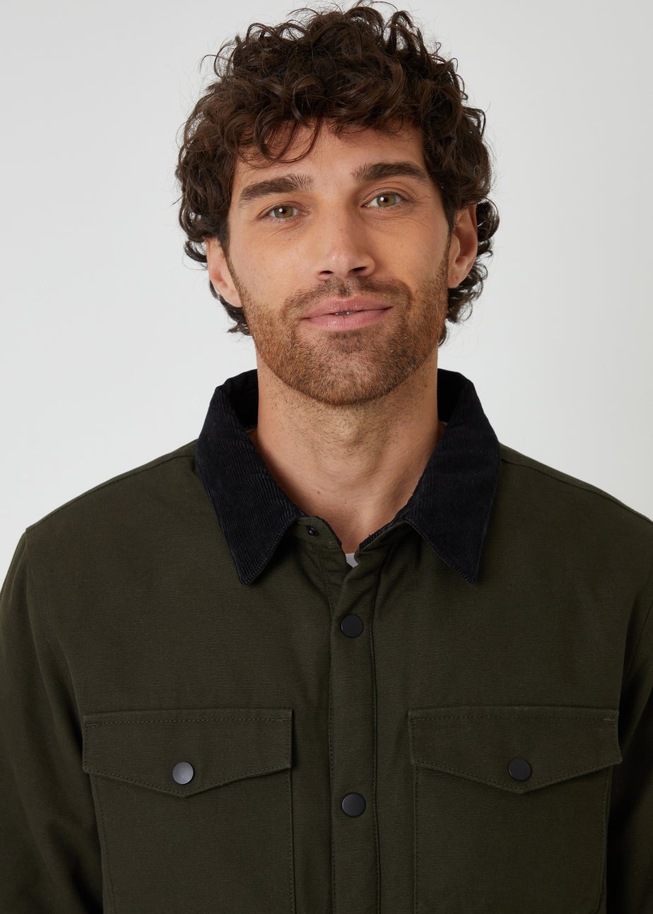 Threadbare Dark Green Borg Lined Canvas Shacket