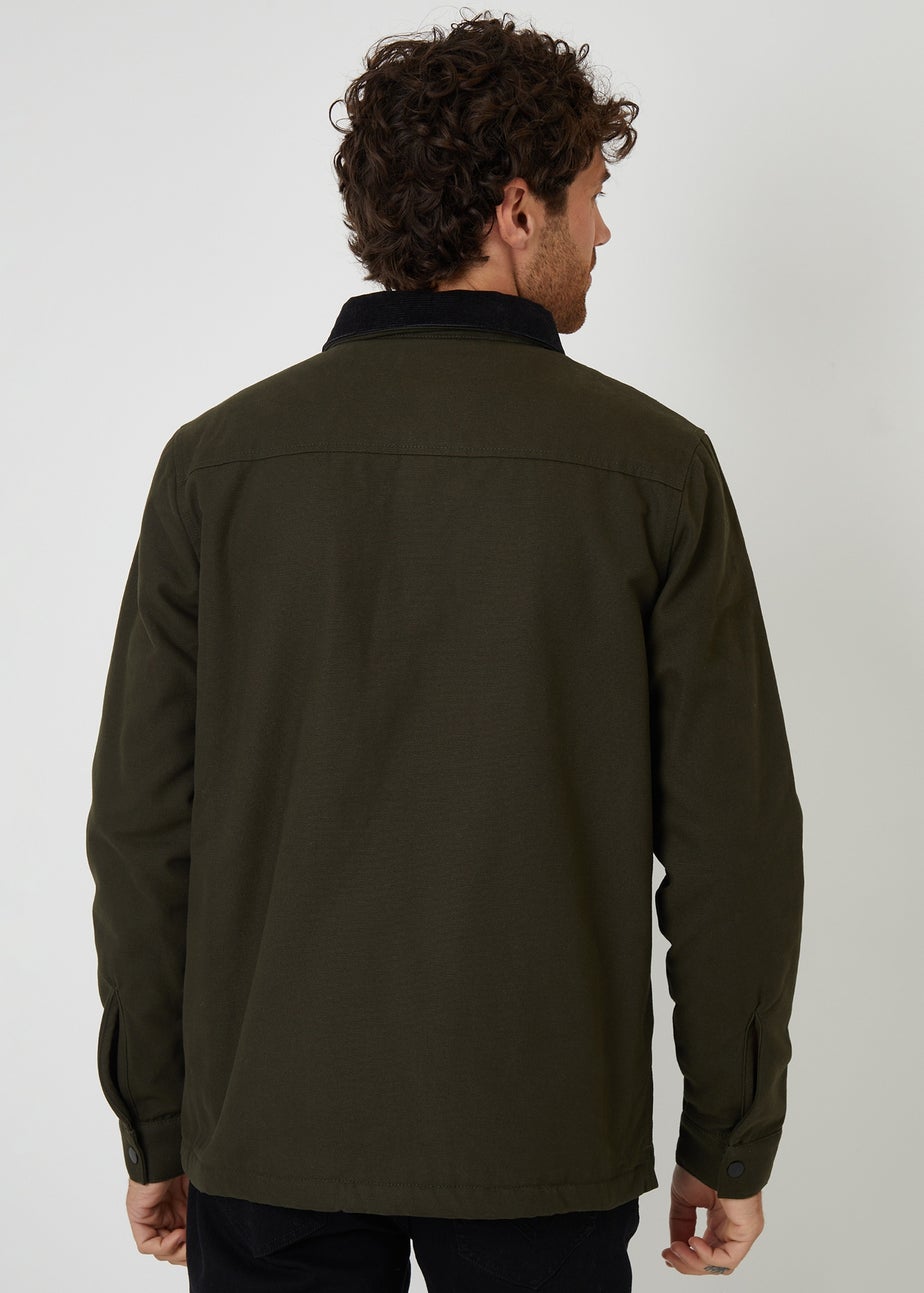 Threadbare Dark Green Borg Lined Canvas Shacket