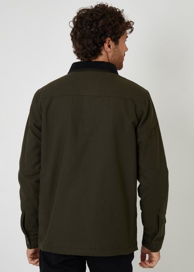 Threadbare Dark Green Borg Lined Canvas Shacket