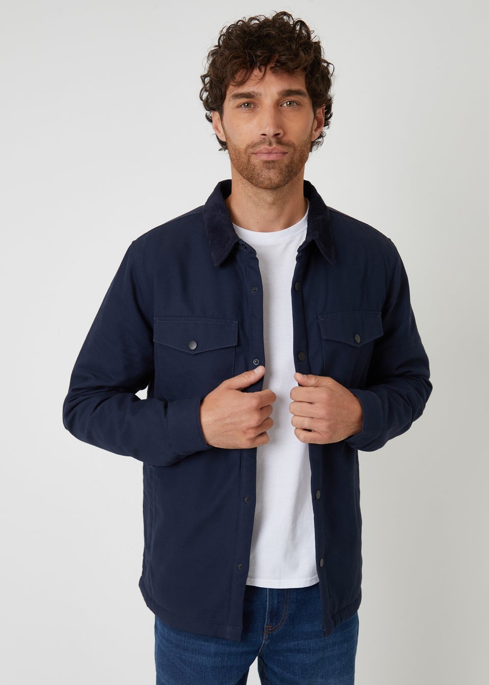 Threadbare Navy Borg Lined Canvas Shacket
