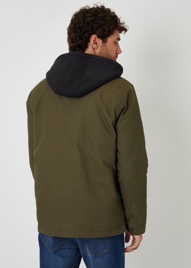 Threadbare Khaki Quilted Shacket With Borg Lined Hood