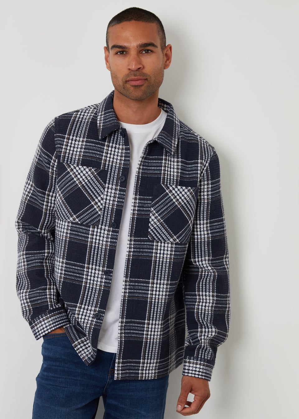 Threadbare Navy Check Waffle Textured Shacket