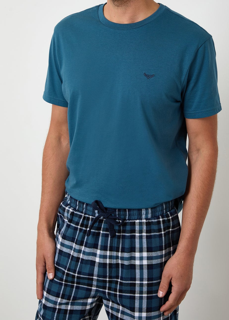 Threadbare Teal Cotton Blend Check Pyjama Set