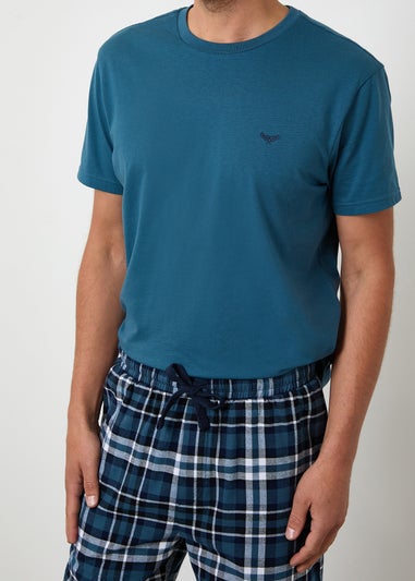 Threadbare Teal Cotton Blend Check Pyjama Set