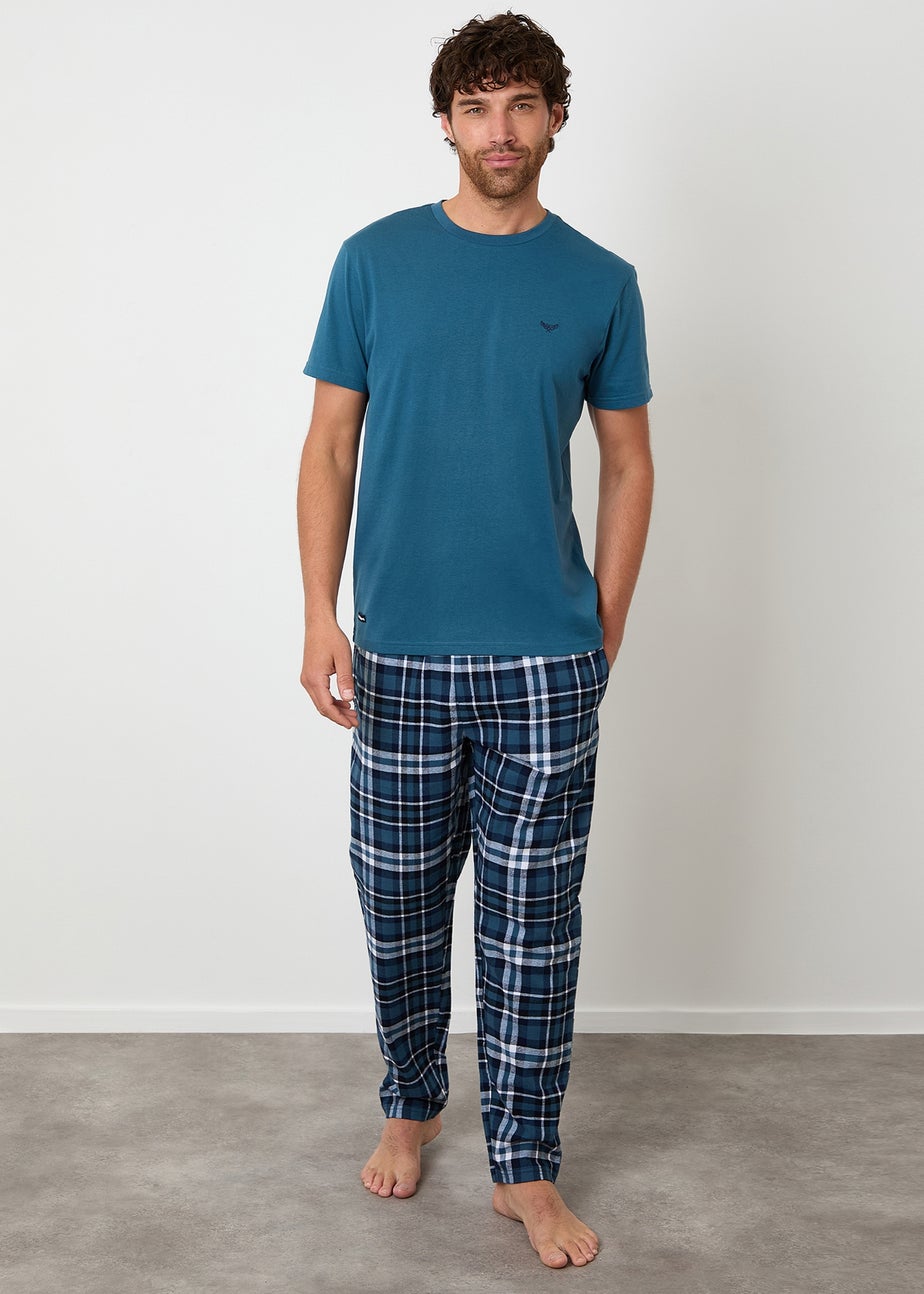 Threadbare Teal Cotton Blend Check Pyjama Set