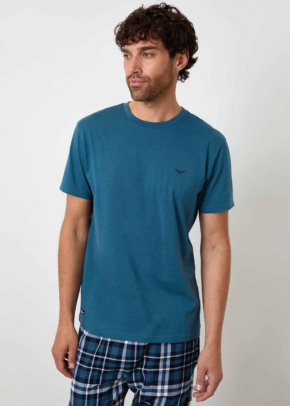 Threadbare Teal Cotton Blend Check Pyjama Set