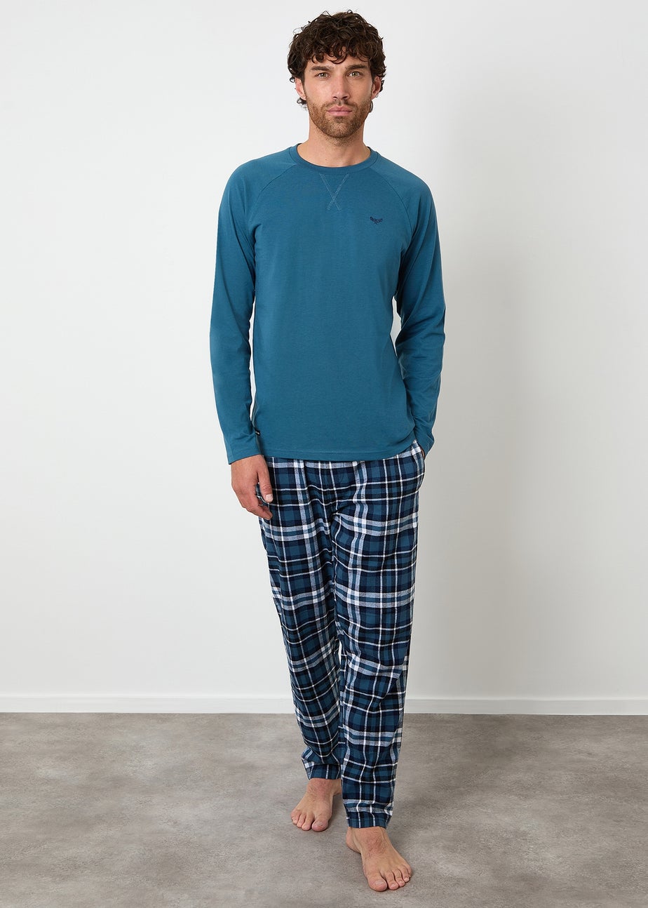 Threadbare Teal Cotton Rich Check Pyjama Set
