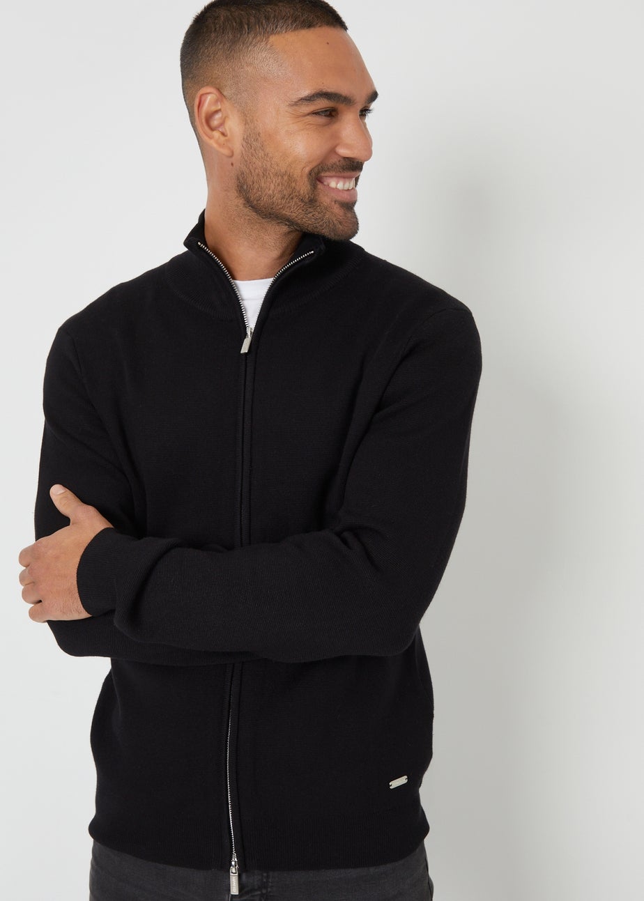Threadbare Black Zip-Through Funnel Neck Knitted Cardigan