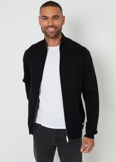 Threadbare Black Zip-Through Funnel Neck Knitted Cardigan