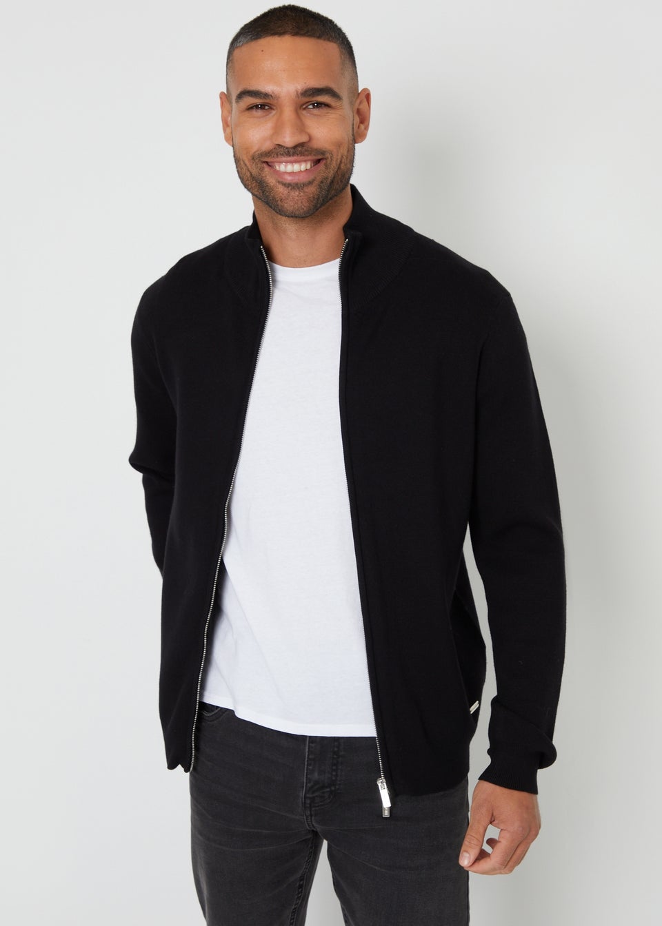 Threadbare Black Zip-Through Funnel Neck Knitted Cardigan