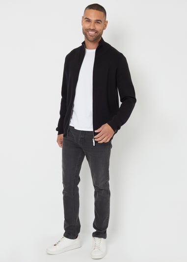 Threadbare Black Zip-Through Funnel Neck Knitted Cardigan