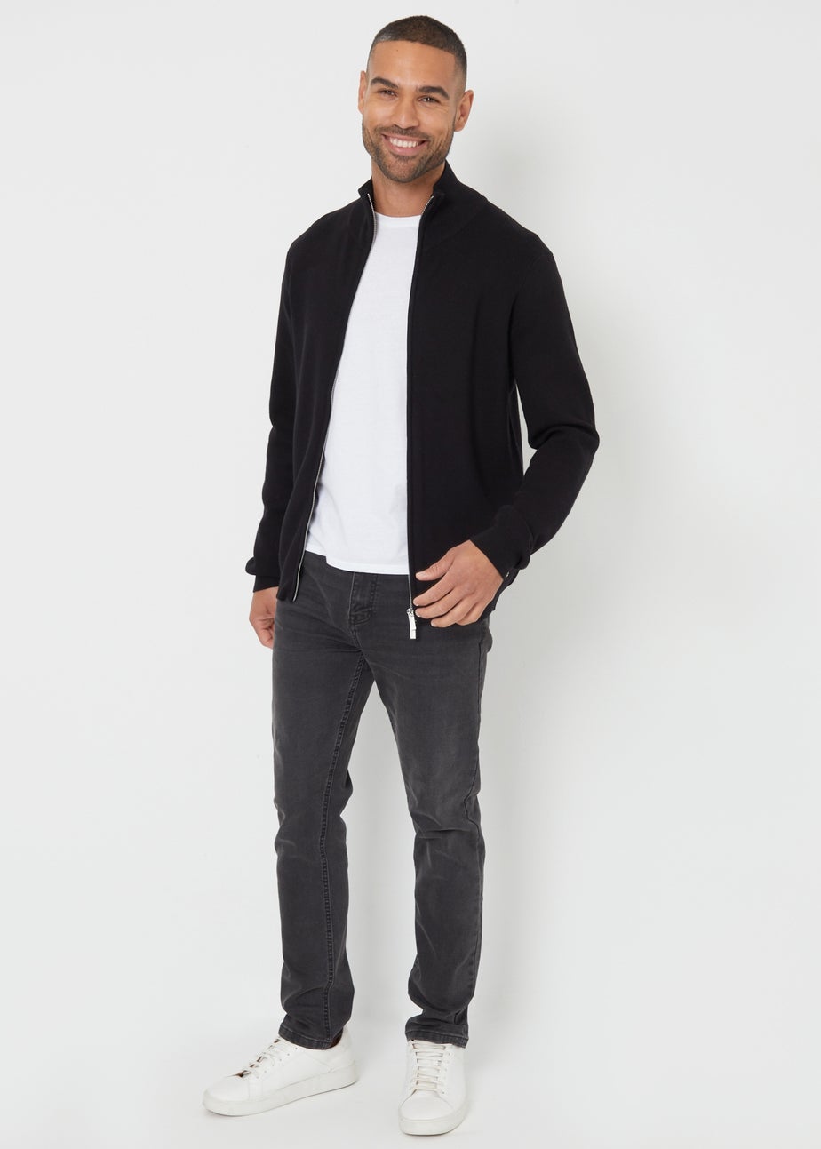 Threadbare Black Zip-Through Funnel Neck Knitted Cardigan