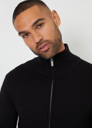 Threadbare Black Zip-Through Funnel Neck Knitted Cardigan