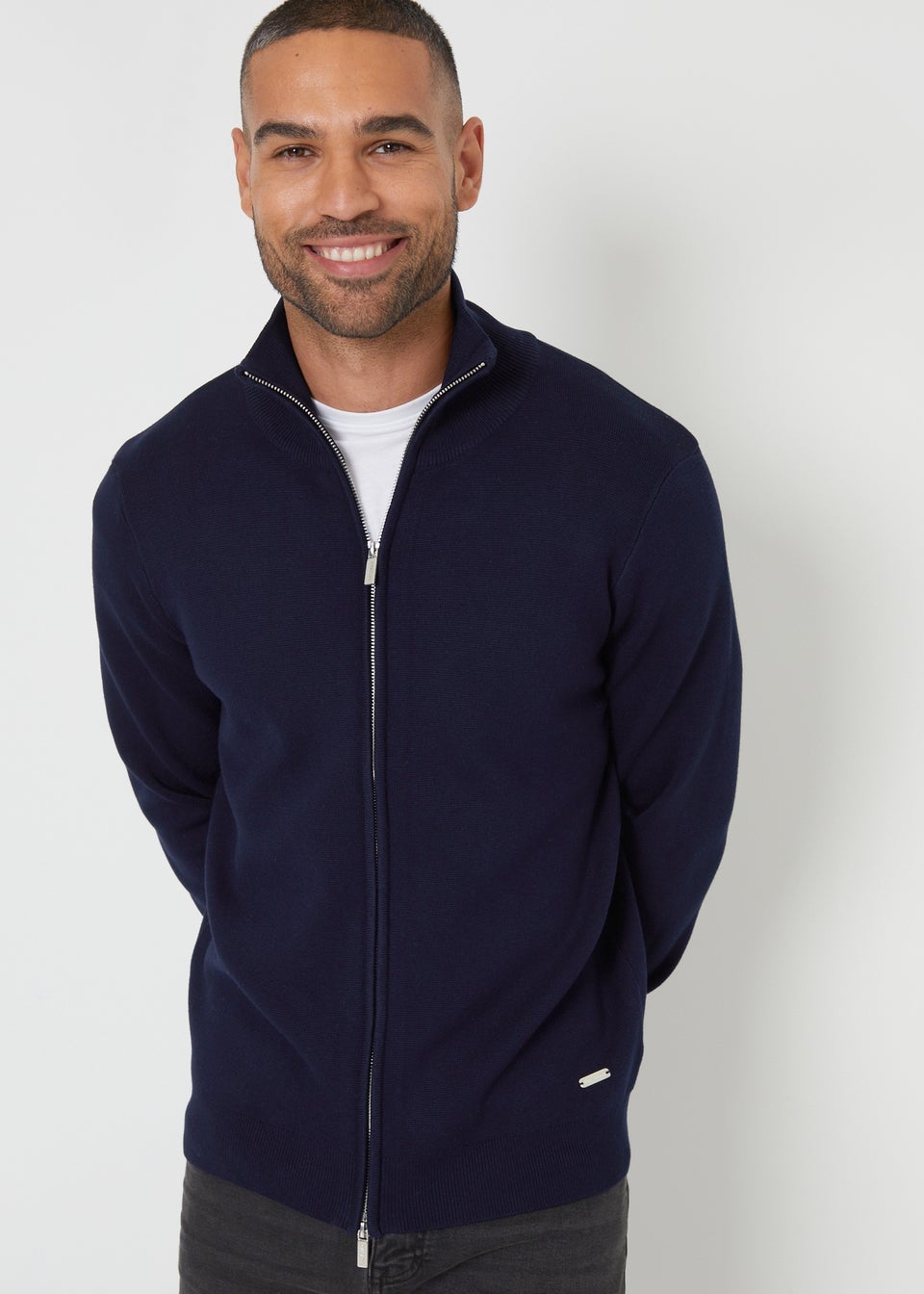 Threadbare Navy Zip-Through Funnel Neck Knitted Cardigan