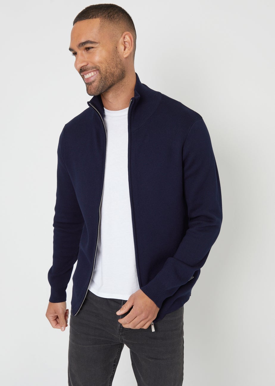 Threadbare Navy Zip-Through Funnel Neck Knitted Cardigan
