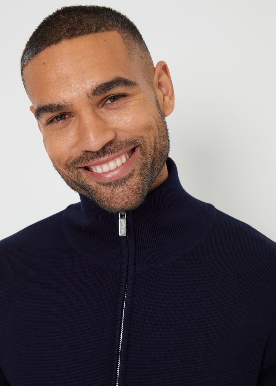 Threadbare Navy Zip-Through Funnel Neck Knitted Cardigan