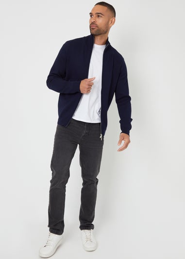 Threadbare Navy Zip-Through Funnel Neck Knitted Cardigan