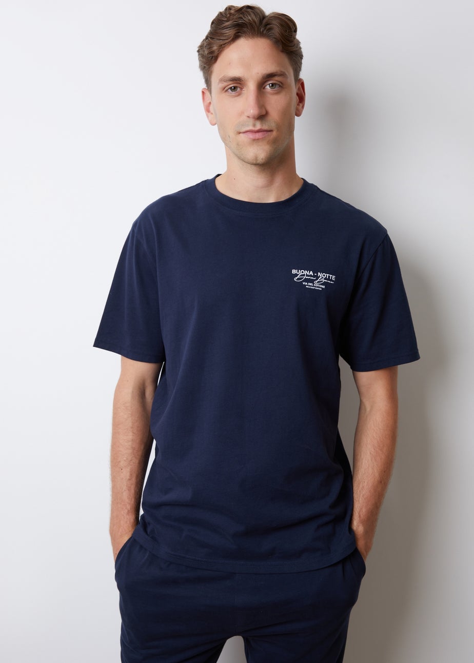 Threadbare Navy Peached Cotton Short Sleeve Graphic Lounge Set