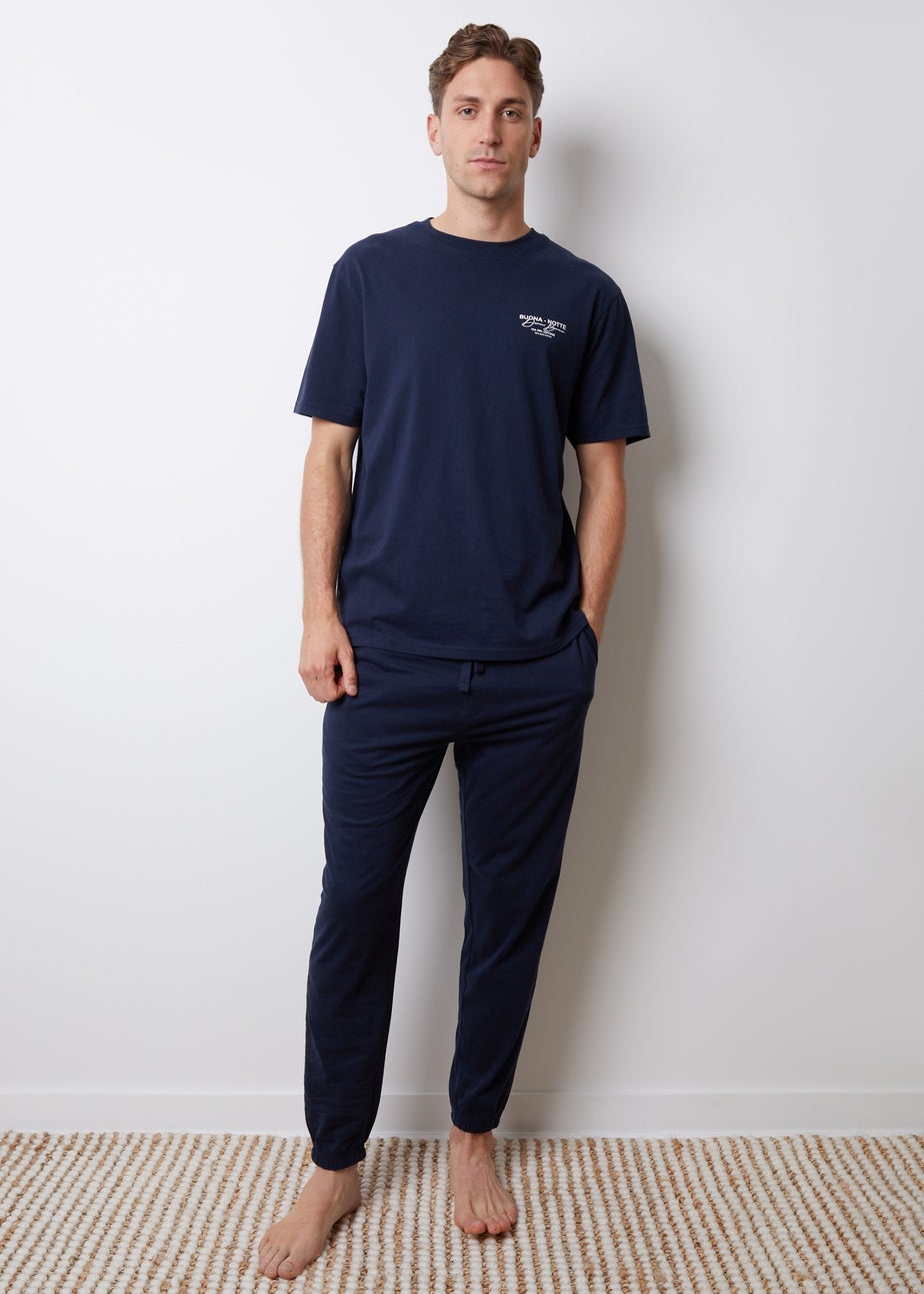 Threadbare Navy Peached Cotton Short Sleeve Graphic Lounge Set
