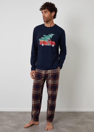 Threadbare Navy Christmas Truck Graphic Long Check Pyjama Set