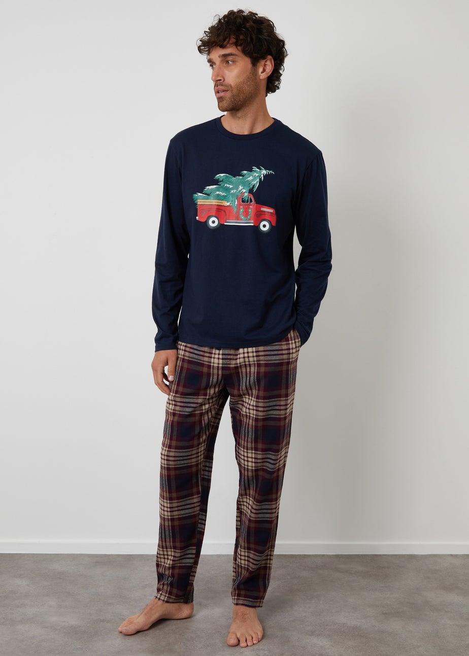 Threadbare Navy Christmas Truck Graphic Long Check Pyjama Set