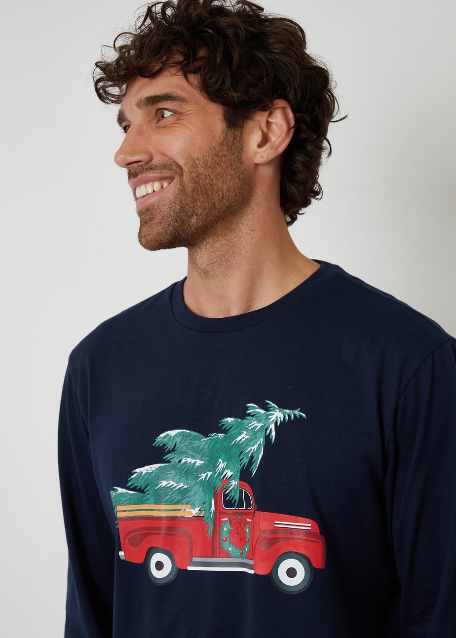 Threadbare Navy Christmas Truck Graphic Long Check Pyjama Set