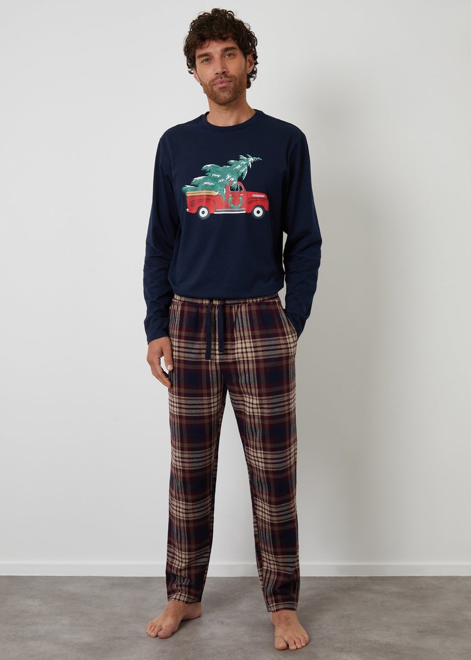 Threadbare Navy Christmas Truck Graphic Long Check Pyjama Set