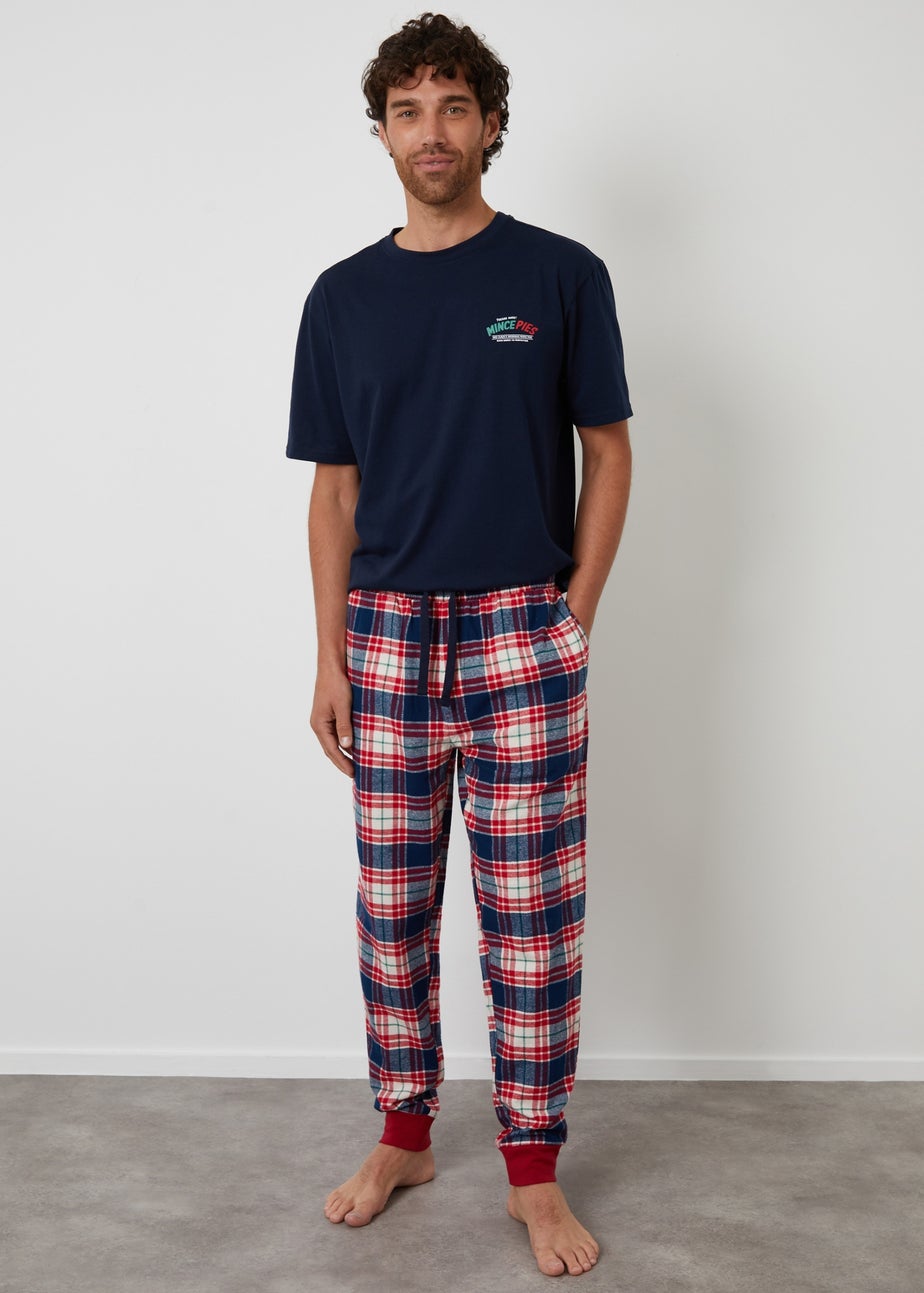 Threadbare Navy Check Christmas Graphic Pyjama Set
