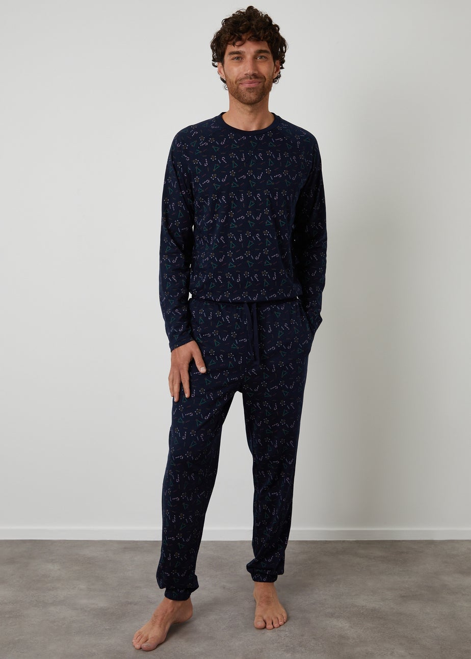 Threadbare Navy Printed Christmas Long Pyjamas