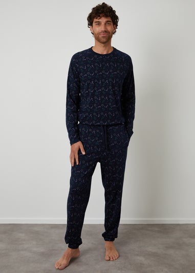 Threadbare Navy Printed Christmas Long Pyjamas