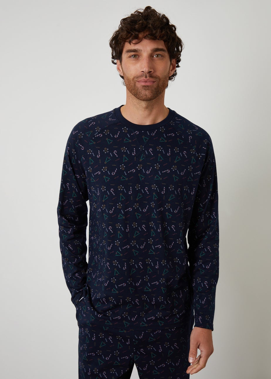 Threadbare Navy Printed Christmas Long Pyjamas