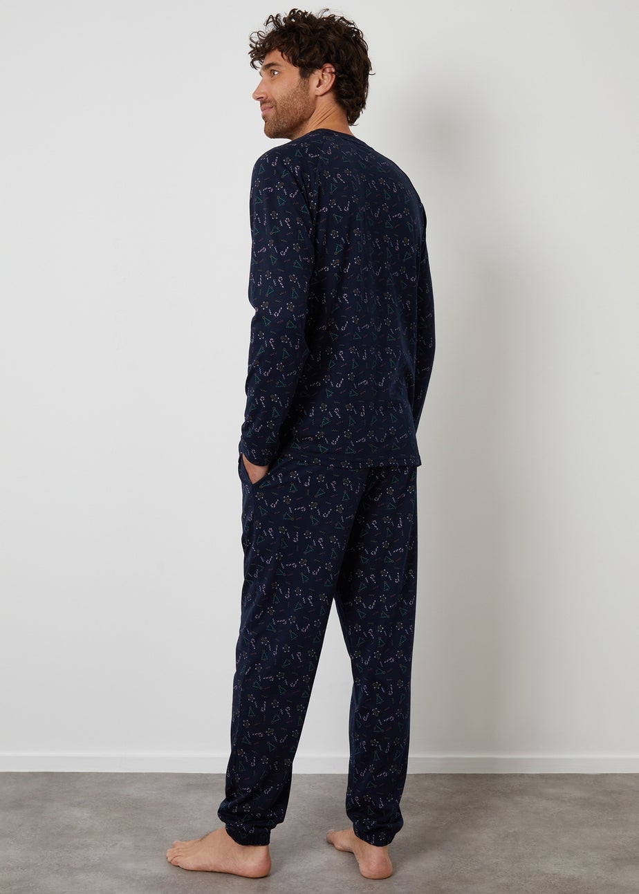 Threadbare Navy Printed Christmas Long Pyjamas